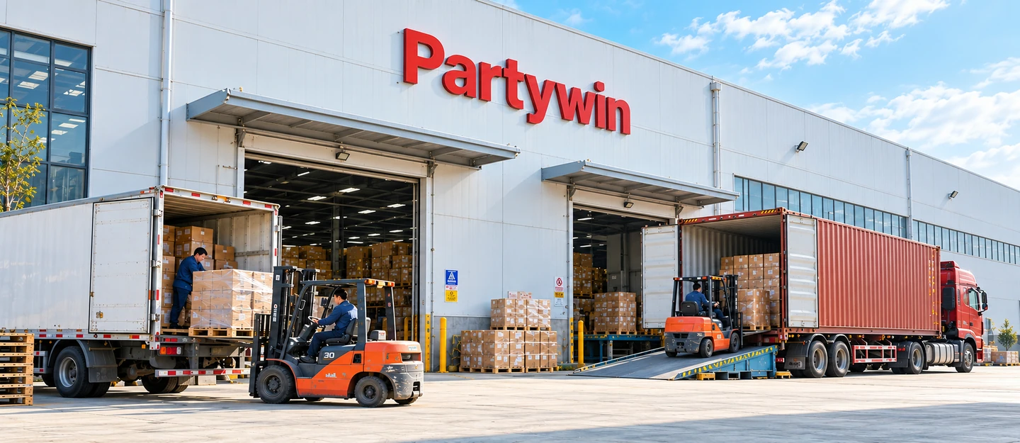 partywin 全球派对用品供应链与仓配中心视觉概念图