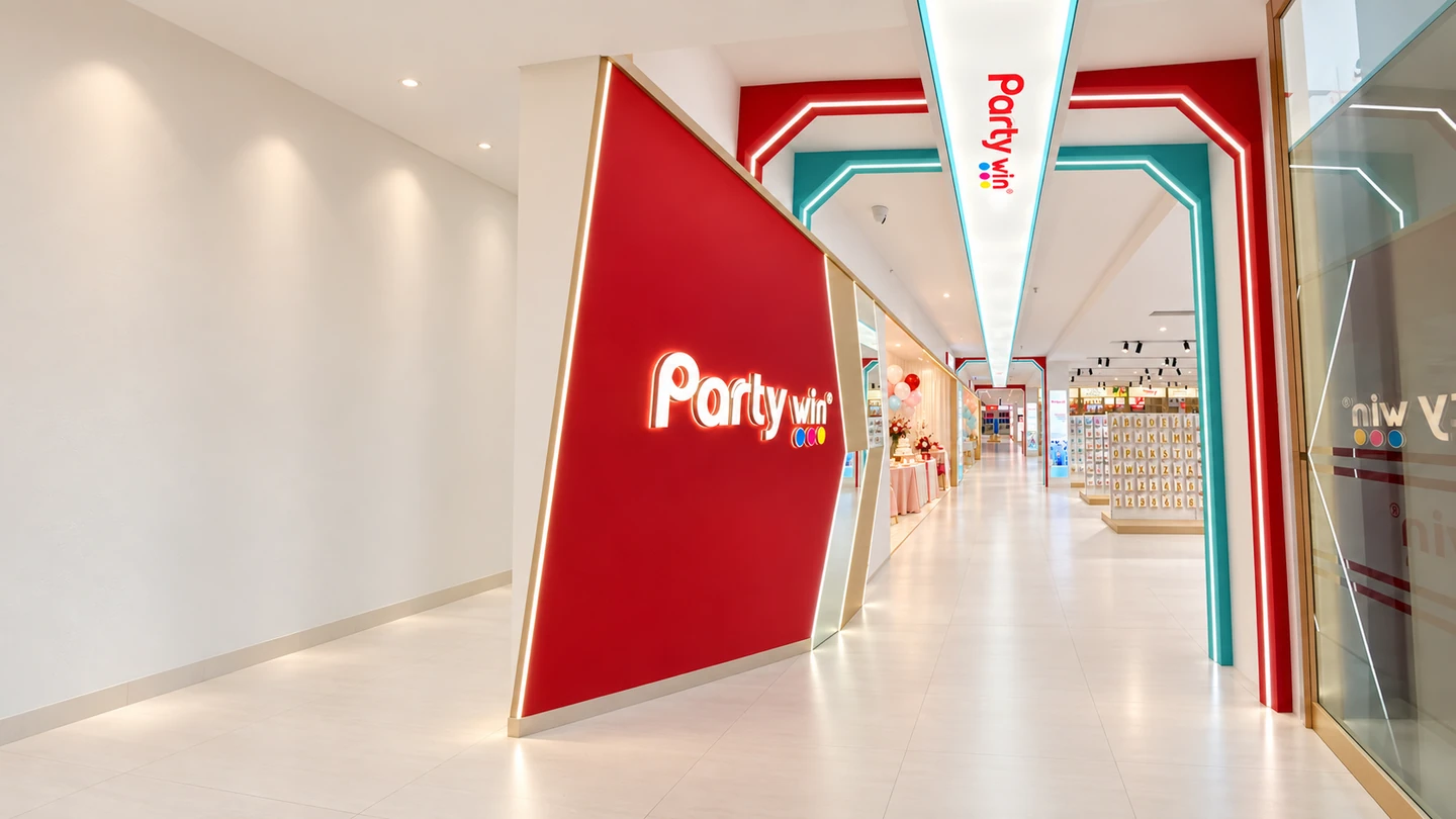 partywin 品牌展厅入口与派对用品展示区